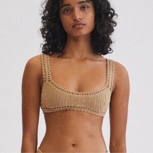 New She Made Me Essential Crochet Crop Bikini Top Tan Brown Large